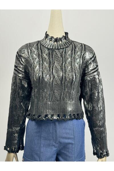 FEMİAS Siyah Gümüş Parlak Baskılı Triko Kazak