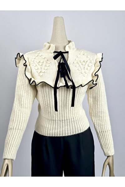 FEMİAS Ecru Ruffled Thessaloniki Knitted Sweater
