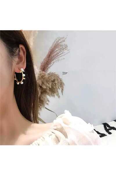 monalisatoka İnci Ve Yaprak Detaylı Halka Küpe