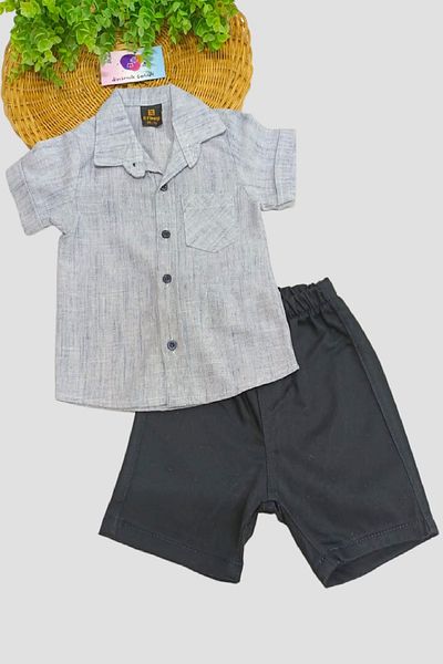dinamik çocuk Boy's Thin Summer Short Sleeve Shirt with Satin Shorts 2 Piece Set/Full Fit