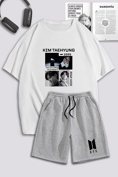 macklin Unisex Γυναικείες ανδρικές φόρμες Kim Taehyung BTS με τυπωμένο προσαρμοσμένο σχέδιο υπερμεγέθη μπλουζάκι και σορτς