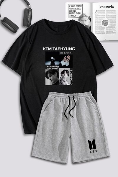 macklin Unisex Γυναικείες ανδρικές φόρμες Kim Taehyung BTS με τυπωμένο προσαρμοσμένο σχέδιο υπερμεγέθη μπλουζάκι και σορτς