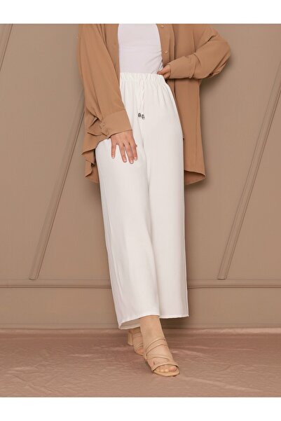 HİJABAYA Παντελόνι με λαστιχένια μέση με λεπτομέρεια με κορδόνια -Λευκό -COLLECTION