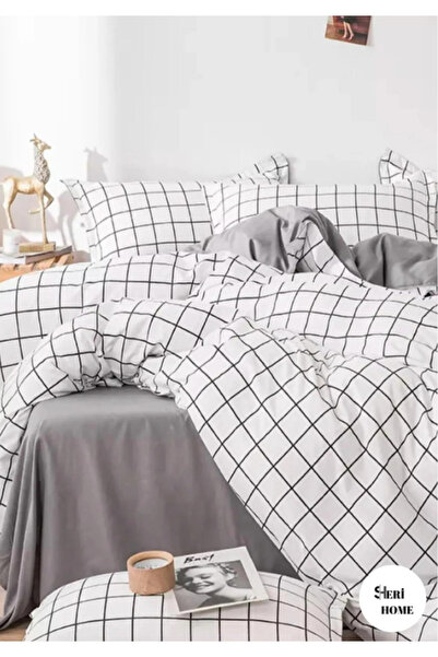 Sheri Home Çift Kişilik Çift Taraflı Nevresim Takımı(ÇARŞAFLI) Beyazgrikaresh...