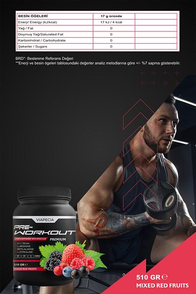 Viapecia Red Fruit Flavored Pre-Workout Premium Energy Booster Powder 510 Gr - Ideal for Dynamic Training