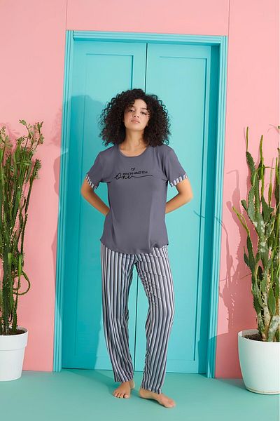 MEBA Set de pijamale Milan tricotat cu mâneci scurte cu model text antracit /6