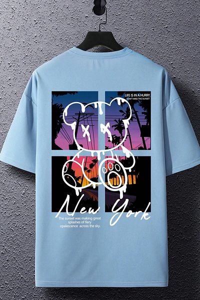 MODAGEN Tricou oversize pentru bărbați Baby Blue New York cu imprimeu la spate