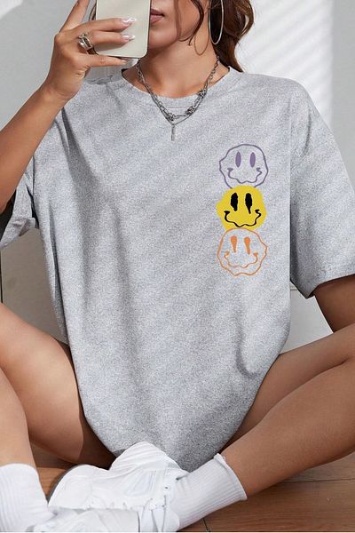 MODAGEN Μπλουζάκι Unisex Grey Crew Neck Oversize Emoji printed T-shirt