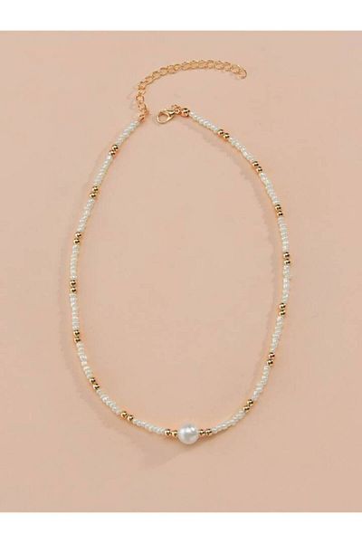 Stoneday Gold Detailed Trendy Necklace - Pearl Pendant, Pearlescent and Sand Beads