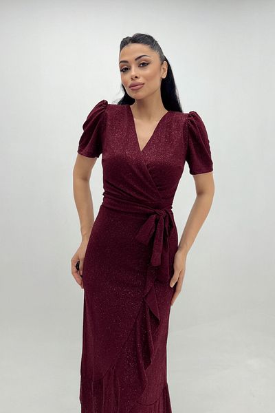 giyimmasalı Imported Glitter Fabric Belt Detailed Midiboy Dress - Claret Red