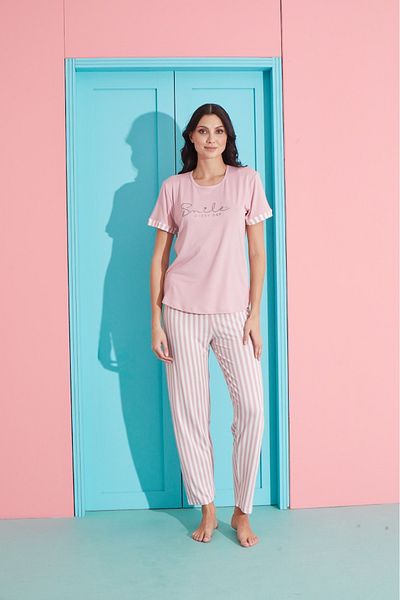 MEBA Powder Smile Text Pattern Short Sleeve Knitted Milan Women's Pajamas Set /13