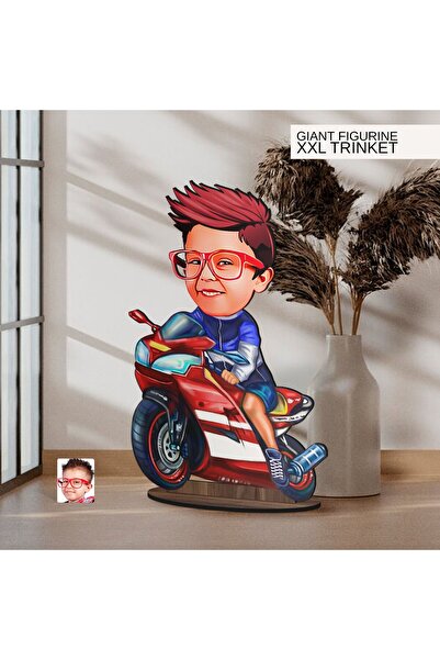 Bk Gift Kişiye Özel Motorcu Çocuk Karikatürlü Büyük Boy Ahşap Biblo-1 Arkadaş...