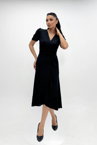 giyimmasalı Ithal Simli Kumaş Kuşak Detaylı Midiboy Elbise - Siyah