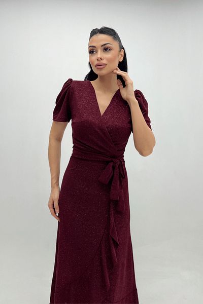 giyimmasalı Imported Glitter Fabric Belt Detailed Midiboy Dress - Claret Red