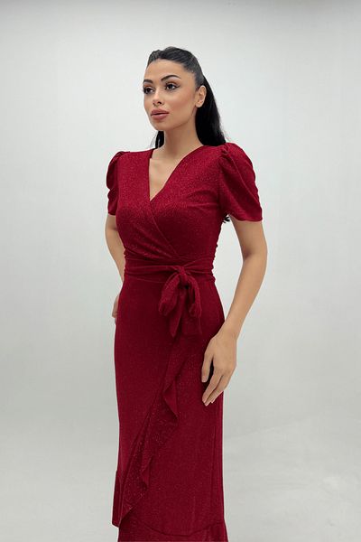 giyimmasalı Imported Glitter Fabric Belt Detailed Midiboy Dress - Red