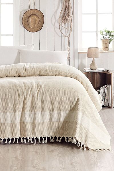 Lux Touch Κάλυμμα καναπέ από βαμβακερό καναπέ Pure Beige 200 X 230 cm με φούντες