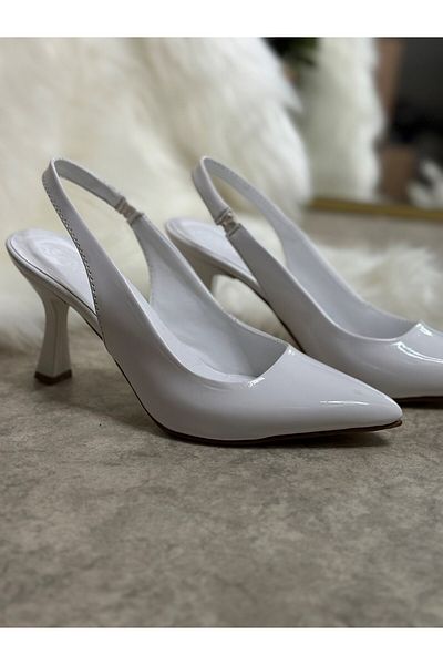 İmerShoes Casual Women's Pointed Toe Flat Patternless Thin Open Back Heels Model White Patent Leather Evening Dress Shoes 101B