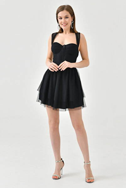 lovebox Dámské tylové látkové záda Nízký šněrovací design Černé večerní mini šaty se sukní s podporou hrudníku 162