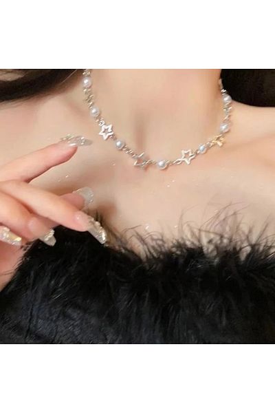 Köstebek Retro Vintage Necklace with Pearls and Stars