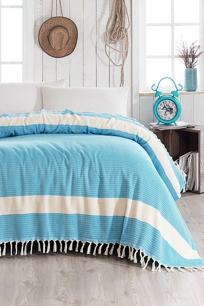 Lux Touch مفرش سرير مزدوج تركواز نقي 200 × 230 سم غطاء كرسي بذراعين للأريكة من قطن بيكيه مع شرابات