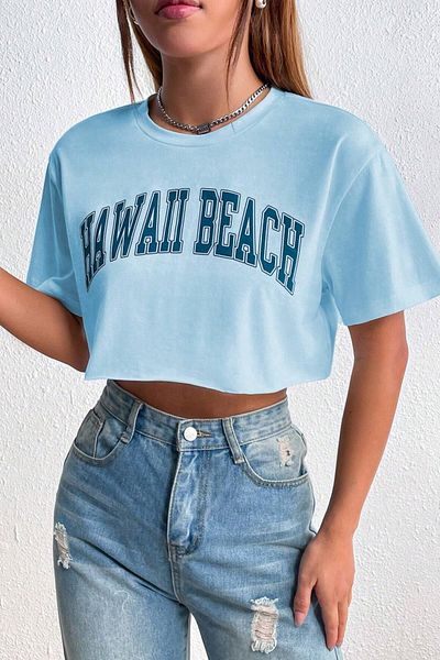 MODAGEN Crop imprimat pentru femei Baby Blue Hawaii Beach