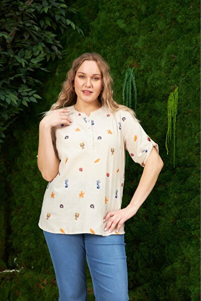 Imagine Giyim The Meeting of Comfort and Elegance: Plus Size Linen Fabric Prevailing Collar Shirt Blouse