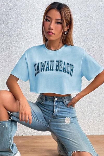 MODAGEN Crop imprimat pentru femei Baby Blue Hawaii Beach