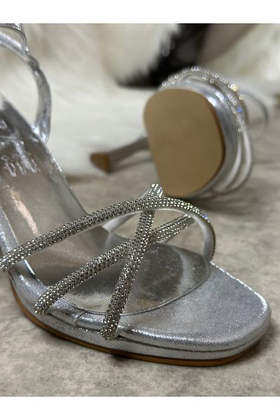 İmerShoes Rochie de seară pentru femei, cu trei dungi, cu piatră argintie, cu tocuri înalte, legate la gleznă, pantofi de seară argintii 6002