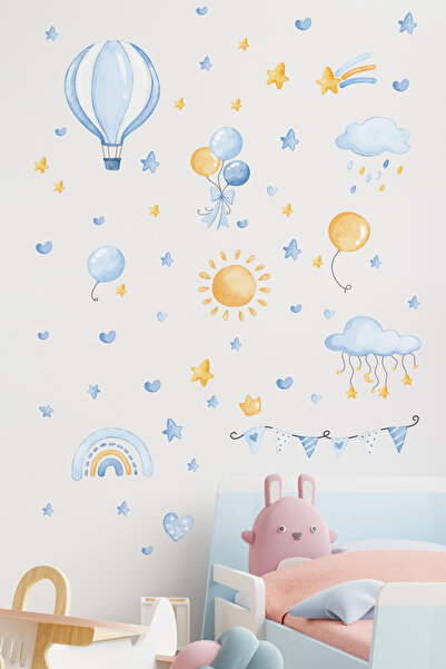 AlyMarkt Baby Room Happy Blue Balloons and Sky Sticker for Wall Mirror Cabinet Door