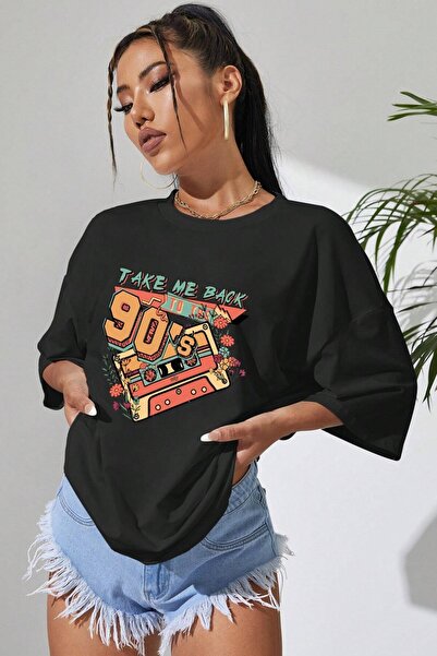 MODAGEN Μπλουζάκι Unisex Black Crew Neck 90's printed oversize μπλουζάκι