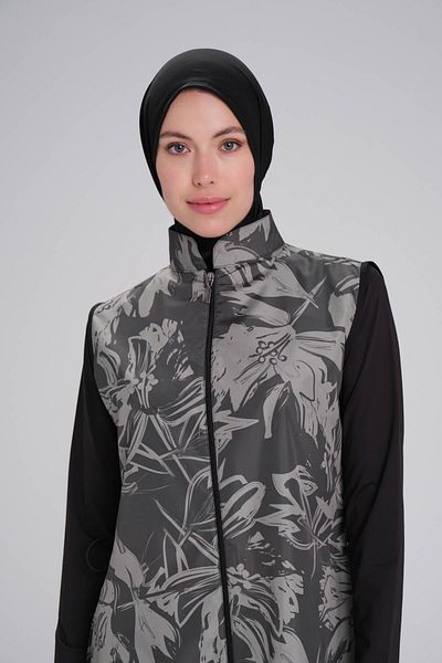 Haşema Σετ 3 τεμαχίων Hijab μαγιό με σχέδιο Nehar Black Khaki Gilet 2264