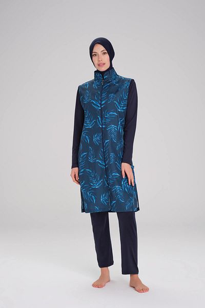 Haşema Σετ μαγιό Hijab 3 τεμαχίων με σχέδιο Nehar Leaf Navy Blue Gilet 2271