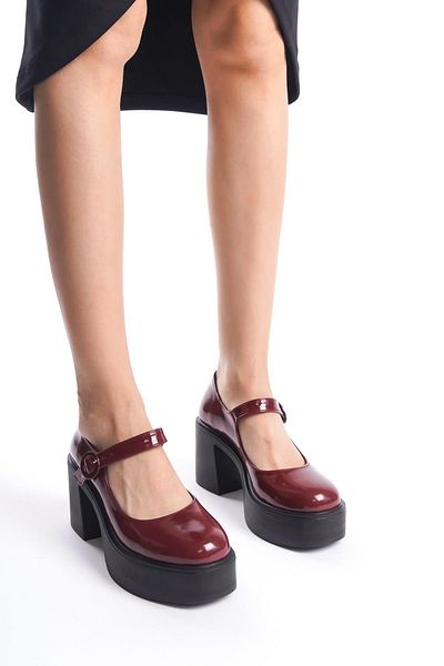Modabuymus Biza Claret Red Patent Leather Mary Jane Shoes Thick Platform Heeled Sandals
