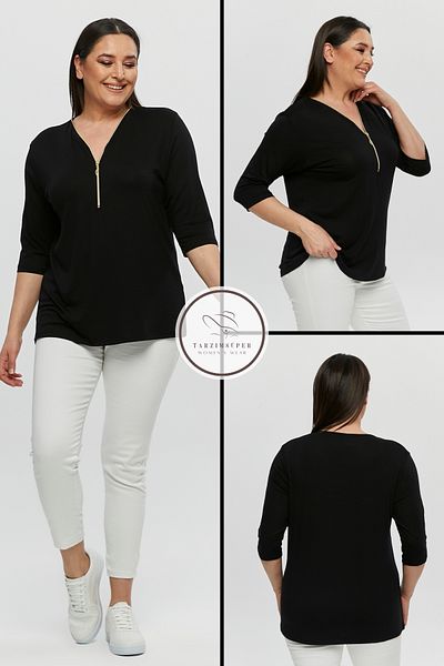 tarzımsüper Plus Size New Season Capri Sleeve Blouse Zippered Comfort Model V-neck 4 Seasons Mother Daily Stylish Blouse
