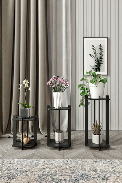 messer 3-Piece Black Flower Patterned Flower Pot Square Set
