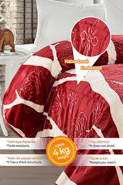Evlen Home Collection 4 Kg Blanket Supersoft Embos - Double Soft Embossing, 220x240 Cm, Dvn Claret Red