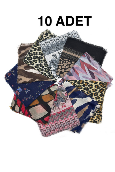 nazipek 10'lu Set Karışık Desen Flamlı Pamuklu Yazma Eşarp 100x100cm Leopar Z...
