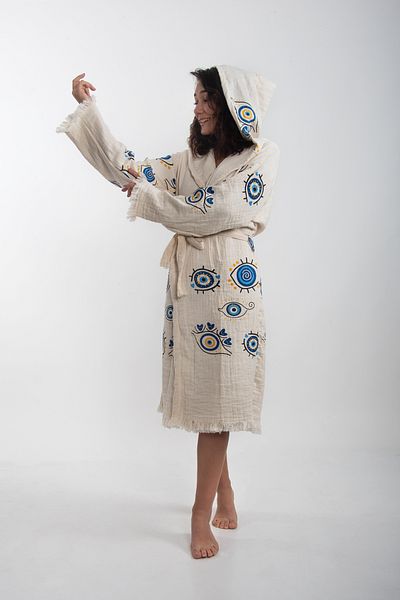 REİNA TEKS Peshtemal Bathrobe Cotton Evil Eye Bead Eye Yellow-Blue 1 Piece Unisex Beachwear Kimono Kaftan