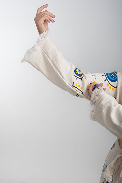 REİNA TEKS Peshtemal Bathrobe Cotton Evil Eye Bead Eye Yellow-Blue 1 Piece Unisex Beachwear Kimono Kaftan