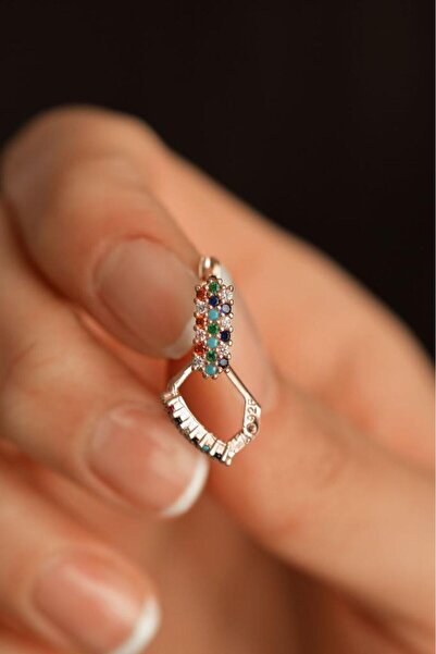 Roza Silver Mix Taşlı Rose J Klips Minimal Gümüş Küpe