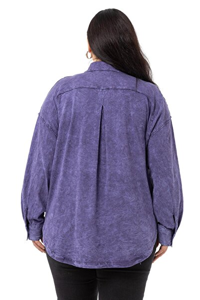 DISENTIS MODEST Plus Size Half Placket Buttoned Dirty Stitched Piece Painted Purple Shirt