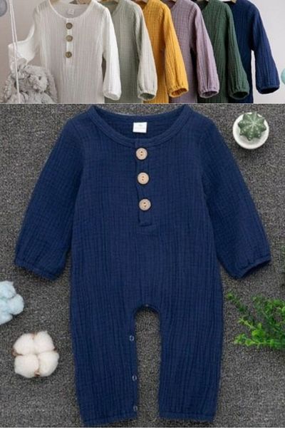 Akface Unisex Newborn Baby Organic Cotton Long Sleeve Buttoned Muslin Jumpsuit