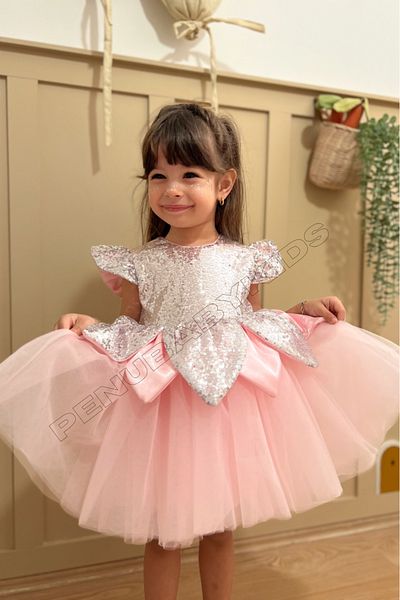 penu baby kids فستان بناتي بأكمام قصيرة مزين بالترتر باللون الوردي - أوراق الشجر
