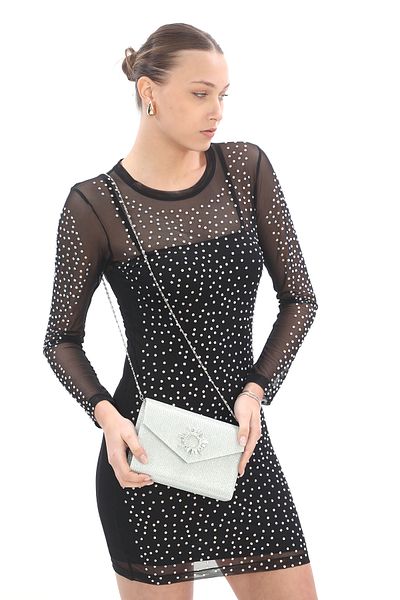 Piedra Material cu piept de culoare argintie Capac plic magnetic cu accesorii din piatra Geanta de rochie de seara poate fi folosita cu curea de umar