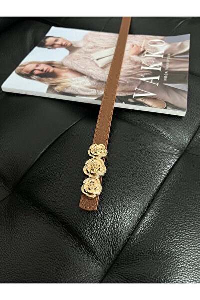 Fiori Women's Thin Belt with Rose Buckle, Pants Belt, Jacket Belt, Shirt Belt, Dress Belt