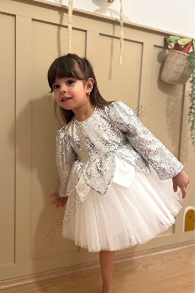penu baby kids Beyaz Payetli Yaprak Figürlü Uzun Kol Kız Bebek Elbise - Leaf