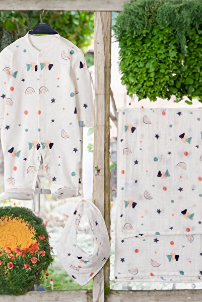 Pambuliq 3'lü Organik Pamuklu Müslin Yenidoğan Set  -  Hastane Çıkış Seti - P...