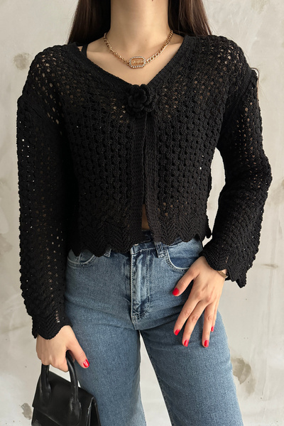 MODAMERSİ Women's Black Openwork Rose Detail Long Sleeve Cotton Knitwear Cardigan with Snap Fasteners on the Front
