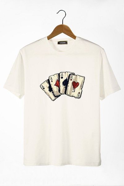 oneagılyazı Men's Ecru Front Playing Card Printed Crew Neck Oversize T-shirt