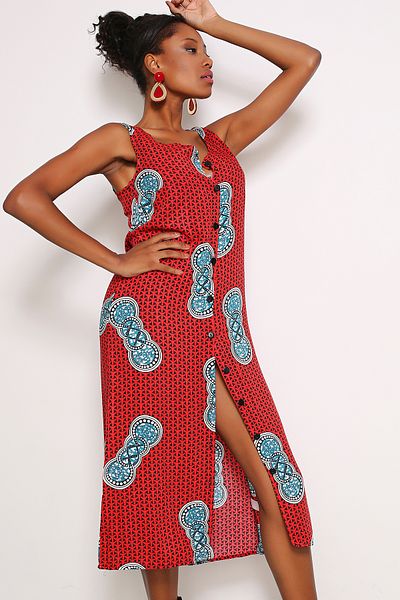 AVORWE Long V-Neck Dress - Zero Sleeve and Button Front Detail